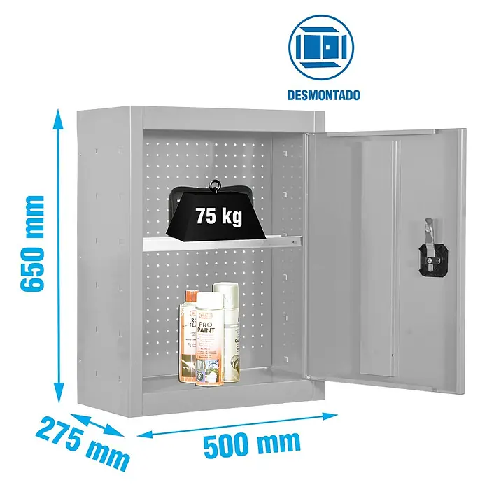 Simonrack Simonwork Armario para herramientas Cabinet Tools Shelf - Ancho: 50 cm, Gris, Desmontado - Armario de herramientas gris con puerta abierta, cargado con botes de pintura y un peso de 75 kg, con indicaciones de las dimensiones.