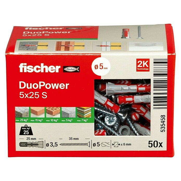 Fischer Doos pluggen en schroeven Duopower (Diameter plug: 5 mm, Pluglengte: 25 mm, 50 stk., Schroef met verzonken kop)