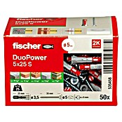 Fischer Doos pluggen en schroeven Duopower (Diameter plug: 5 mm, Pluglengte: 25 mm, 50 stk., Schroef met verzonken kop)