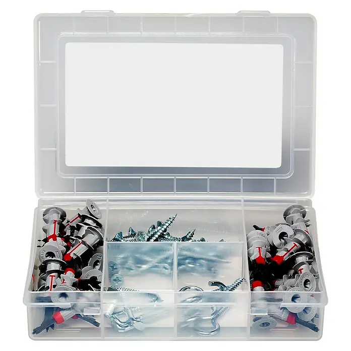 Fischer Duoblade Gipskartondübel-Set Meister-Box - 77 -tlg. - Eine transparente Kunststoffbox ist mit einer Vielzahl von Schrauben und Dübeln gefüllt. Es ist ein praktisches Set für Reparaturen und Heimwerkerprojekte.