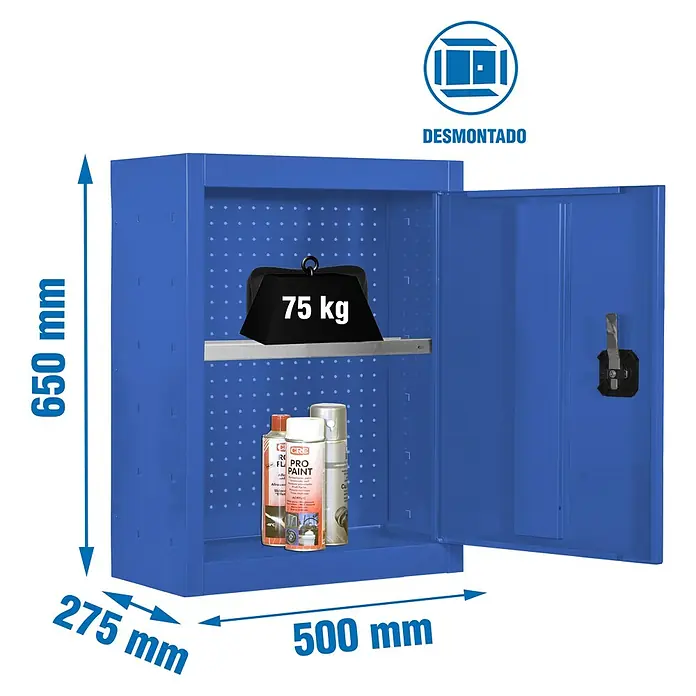 Simonrack Simonwork Armario para herramientas Cabinet Tools Shelf - Ancho: 50 cm, Azul, Desmontado - Imagen de un armario de herramientas azul con puertas abiertas, dimensiones y una especificación de peso.