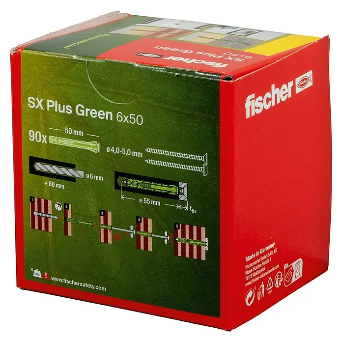 Fischer Spreizdübel SX Green - Ø x L: 6 x 50 mm, Nylon, Mit Rand, 90 Stk. - Verpackung der Fischer SX Plus Green 6x50 Universaldübel, ideal für Befestigungen in verschiedenen Baustoffen.