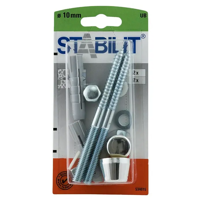 Stabilit Urinalbefestigung - Durchmesser Dübel: 10 mm, Länge: 120 mm, Geeignet für: Alle Baustoffe - Verpackung von Stabilo-Dübeln mit zwei Gewindestangen, Dübeln, Muttern, Unterlegscheiben und Abdeckkappen, Durchmesser 10 mm, für Befestigungen.