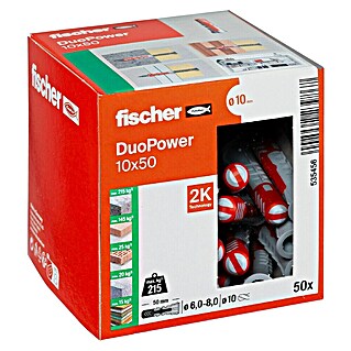 Fischer Duopower Asortiman tipli (Promjer tiple: 10 mm, Duljina tiple: 50 mm, S rubom, Svi građevni materijali, 50 Kom.)
