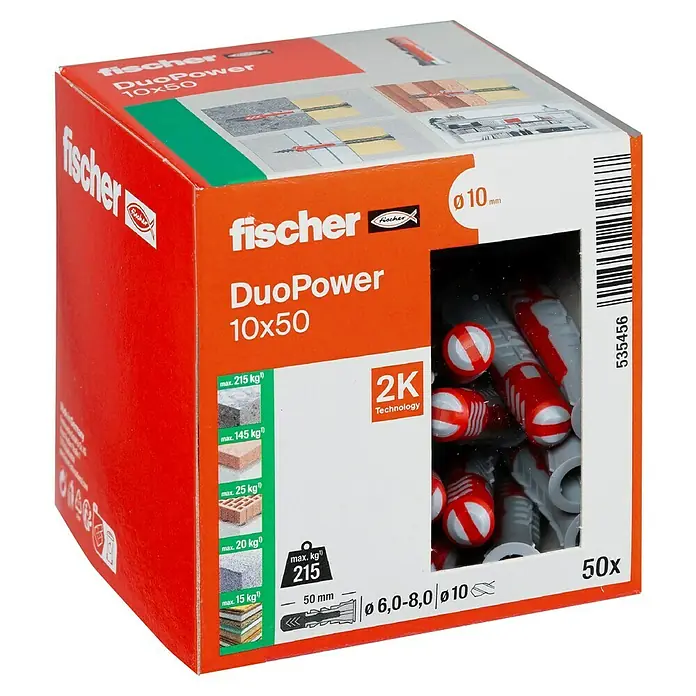 Fischer Duopower Dübelsortiment - Durchmesser Dübel: 10 mm, Länge Dübel: 50 mm, Mit Rand, Alle Baustoffe, 50 Stk. - Verpackung der Fischer DuoPower 10x50 Dübel. Diese Universaldübel bieten sicheren Halt in verschiedenen Baustoffen und sind vielseitig einsetzbar.