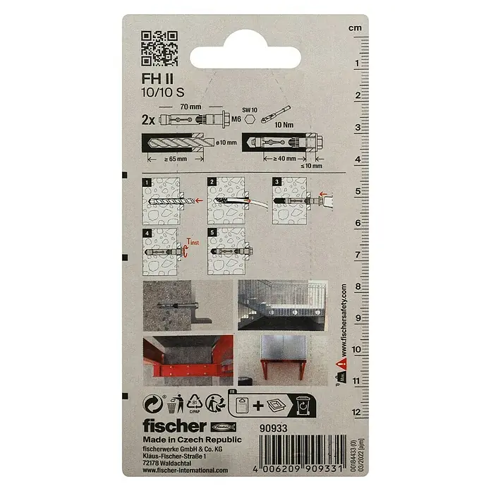 Fischer Schwerlastanker FH II S - Ø x L: 10 x 10 mm, 2 Stk., Sechskantkopf - Bild der fischer FH II 10/10 S Dübelverpackung. Installationsanleitung und Produktdetails sind dargestellt.