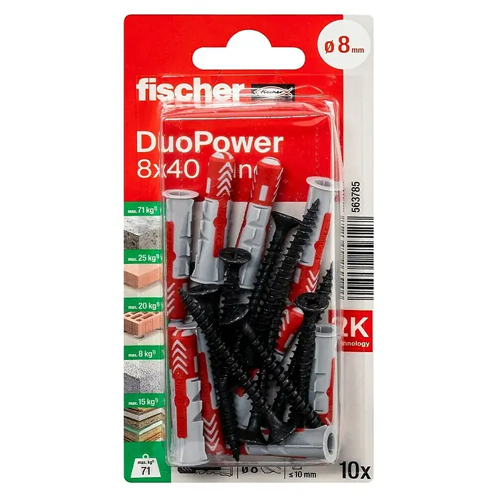 Fischer Duopower Universaldübel 8X40 S IND K - Ø x L: 8 x 40 mm, Nylon, 10 Stk., Mit Rand, PZ 2, Spanplattenschraube - Eine Packung Fischer DuoPower 8x40 Universaldübel mit Schrauben, ideal für sichere Befestigungen in verschiedenen Materialien.