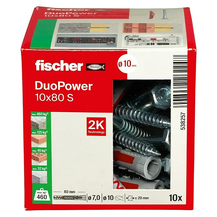 Fischer Duopower Dübel- & Schraubenbox 10x80 S - Durchmesser Dübel: 10 mm, Länge Dübel: 80 mm, Sechskantschraube, 10 Stk. - Eine Packung Fischer DuoPower 10x80 S Universaldübel mit Schrauben, ideal für sichere Befestigungen in verschiedenen Materialien.