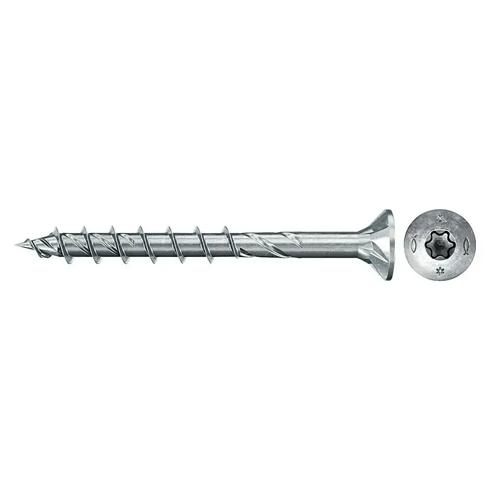 Fischer Spanplattenschraube VZ POWERFAST II SK TX TG - Ø x L: 6 x 70 mm, 100 Stk., Galvanisch verzinkt, TX für TORX-Antriebe - Nahaufnahme einer einzelnen, silberfarbenen Holzschraube mit Torx-Antrieb und scharfem Gewinde vor schwarzem Hintergrund.