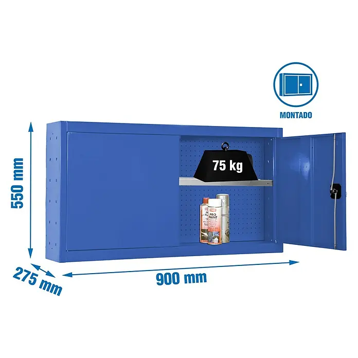 Simonrack Simonwork Armario para herramientas Cabinet Tools Shelf - Al x An x Pr: 55 x 90 x 27,5 cm, Azul, Completamente montado - Imagen de un armario de herramientas azul que muestra las dimensiones: 550 mm de alto, 275 mm de profundidad y 900 mm de ancho, y está parcialmente abierto.