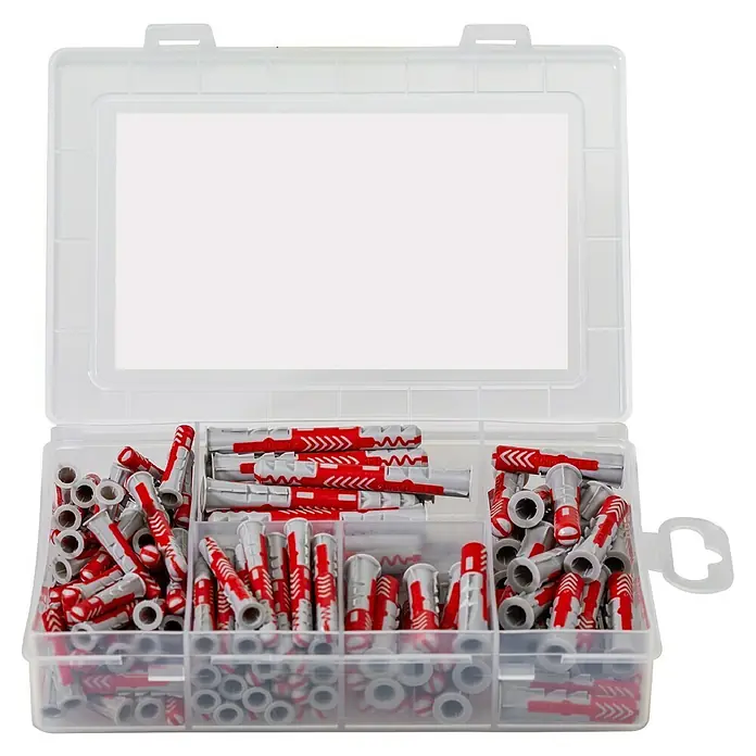 Fischer Duopower Universaldübel-Set Meisterbox kurz/lang - 150 -tlg. - Eine transparente Aufbewahrungsbox, gefüllt mit roten und grauen Dübeln, ordentlich in Fächern sortiert, ideal für Heimwerkerprojekte.