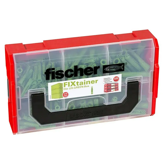 Fischer Greenline Dübelsortiment FIXtainer UX-green-Box - Gesamtumfang: 210 -tlg. - Das Bild zeigt einen roten Fischer FIXtainer mit grünen Universaldübeln UX-GREEN, der eine praktische Aufbewahrungslösung bietet.