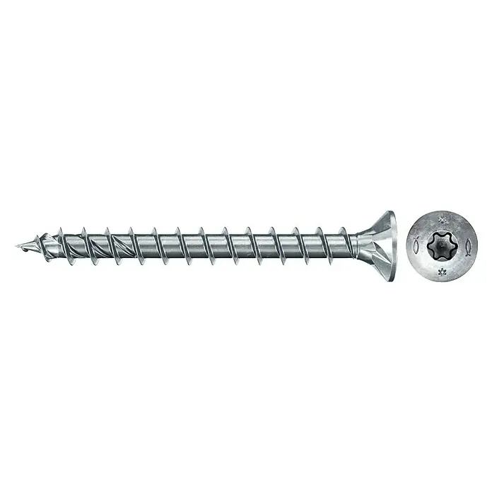 Fischer Spanplattenschraube VZ POWERFAST II SK TX VG - Ø x L: 5 x 60 mm, 100 Stk., Galvanisch verzinkt, TX für TORX-Antriebe - Das Bild zeigt eine einzelne, silbergraue Holzbauschraube mit einem Torx-Antrieb und einem Senkkopf, ideal für professionelle Befestigungen.