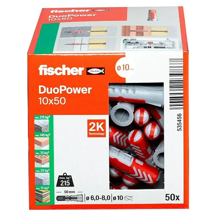 Fischer Duopower Dübelsortiment - Durchmesser Dübel: 10 mm, Länge Dübel: 50 mm, Mit Rand, Alle Baustoffe, 50 Stk. - Eine Packung Fischer DuoPower 10x50 Universaldübel mit Angaben zu Gewicht und Größe.
