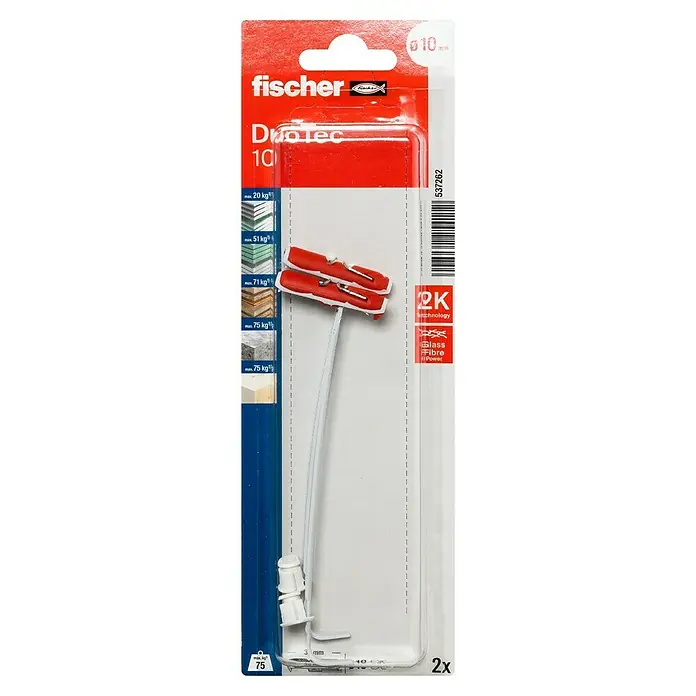 Fischer Duotec Kippdübel - Durchmesser Dübel: 10 mm, Länge Dübel: 50 mm, Gipskartonplatten, Ohne Schrauben/Haken, 2 Stk. - Eine Packung Fischer DuoTec 10mm Kippdübel, ideal für schwere Lasten an Gipskarton-, Gipsfaserplatten und Holzkonstruktionen.