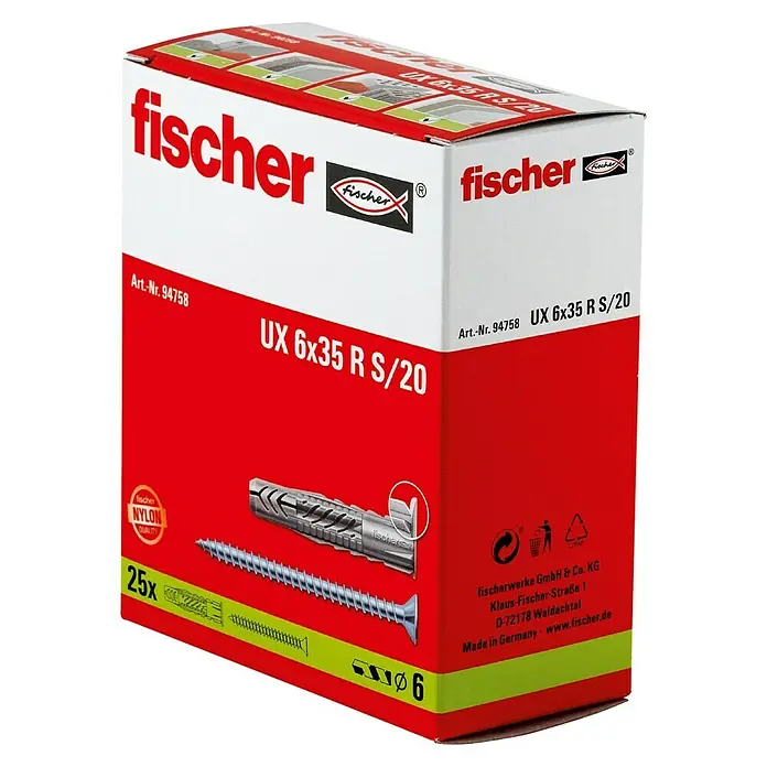 Fischer Universaldübel UX 6 x 35 R S/20 - Kunststoff, Mit Rand, 25 Stk. - Abbildung einer Packung Fischer UX 6x35 R S/20 Universaldübel mit Schrauben, ideal für sichere Befestigungen in verschiedenen Materialien.