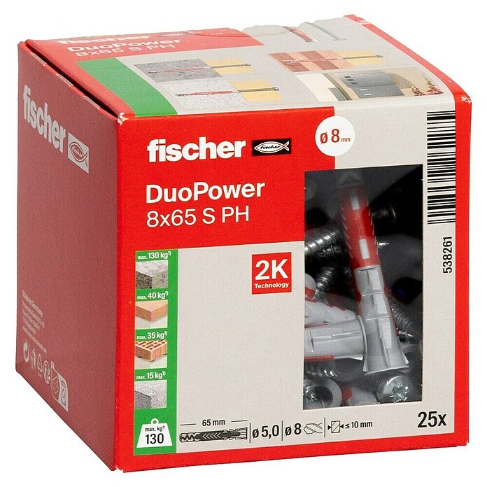Fischer Duopower Dübel- & Schraubenbox 8 x 65 S PH LD (Durchmesser Dübel: 8 mm, Länge Dübel: 65 mm, Panheadschraube, 25 Stk.) | BAUHAUS