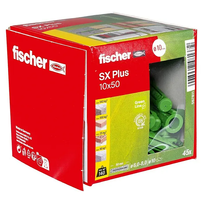 Fischer Spreizdübel SX Plus - Ø x L: 10 x 50 mm, Nylon, Mit Rand, 45 Stk. - Bild einer Packung Fischer SX Plus 10x50 Dübel, die grüne Dübel und Produktdetails zeigt.