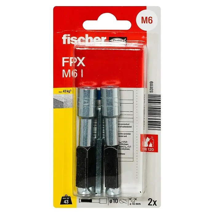 Fischer Porenbetonanker FPX - M 6, Länge Dübel: 75 mm, 2 Stk., Galvanisch verzinkt - Produktverpackung für Fischer FPX M6 I Bolzenanker, geeignet für Beton und Mauerwerk, mit einer maximalen Last von 43 kg.