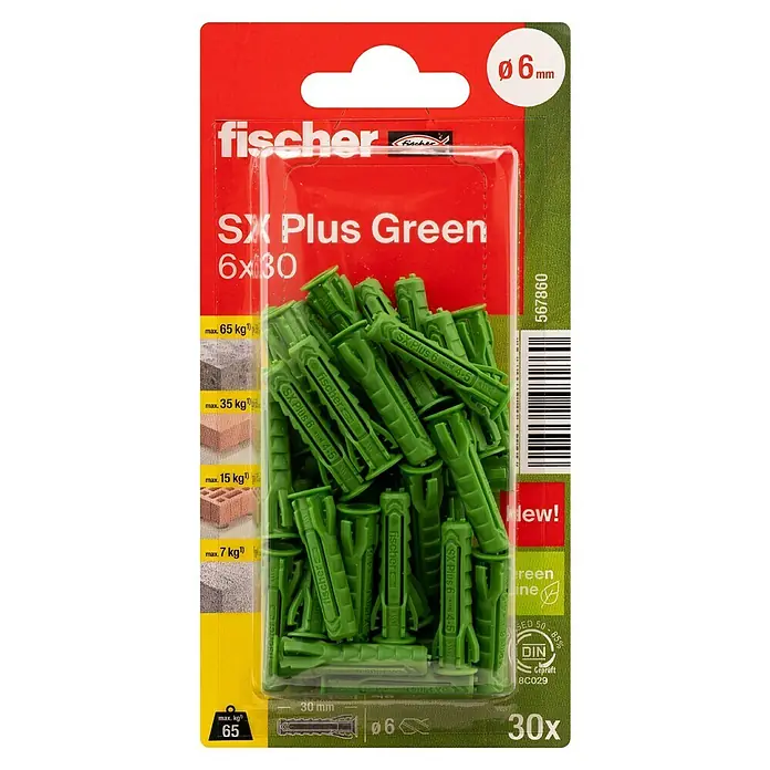 Fischer Spreizdübel SX Green K - Ø x L: 6 x 30 mm, Nylon, Mit Rand, 30 Stk. - Bild einer Packung Fischer SX Plus Green Dübel der Größe 6x30mm, ideal für sichere Befestigungen in verschiedenen Materialien.