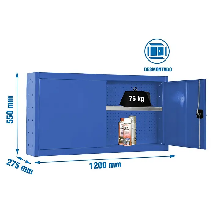 Simonrack Simonwork Armario para herramientas Cabinet Tools Shelf - An x Pr x Al: 120 x 27,5 x 55 cm, Azul, Desmontado - Imagen de un armario de herramientas azul con puerta corredera y estante, mostrando capacidad de peso y dimensiones.