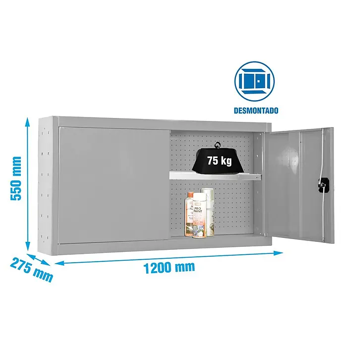 Simonrack Simonwork Armario para herramientas Cabinet Tools Shelf - An x Pr x Al: 120 x 27,5 x 55 cm, Gris, Desmontado - Imagen de un armario de herramientas gris con dimensiones de 1200 mm de ancho, 550 mm de alto y 275 mm de profundidad.