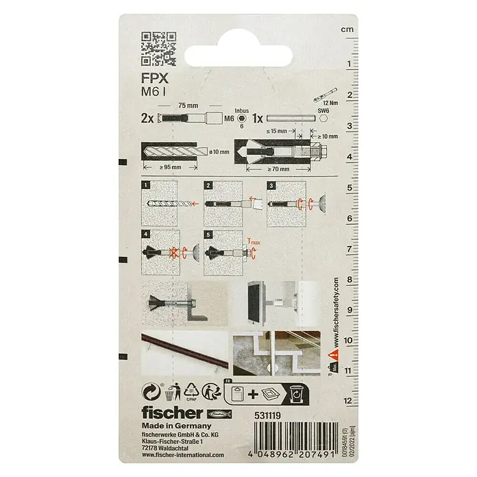 Fischer Porenbetonanker FPX - M 6, Länge Dübel: 75 mm, 2 Stk., Galvanisch verzinkt - Verpackung des Fischer FPX M6 I Bolzenankers, mit Montageanleitung und technischen Daten für sichere Befestigungen.