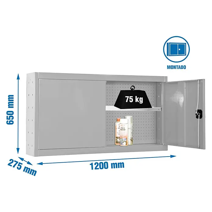 Simonrack Simonwork Armario para herramientas Cabinet Tools Shelf - An x Pr x Al: 120 x 27,5 x 65 cm, Gris, Completamente montado - Imagen del producto de un armario de herramientas gris con dimensiones de 1200 mm de ancho, 650 mm de alto y 275 mm de profundidad.