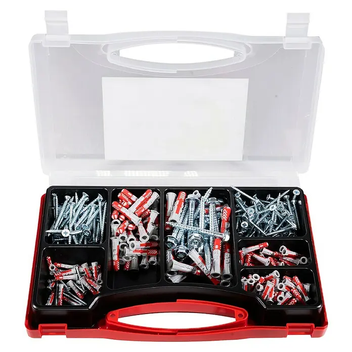 Fischer Duopower Dübel- & Schraubenbox Redbox Duopower + Schrauben - 280 -tlg. - Werkzeugkasten mit verschiedenen Schrauben und Dübeln, ideal für Heimwerkerprojekte. Praktische Sortierung für schnellen Zugriff.
