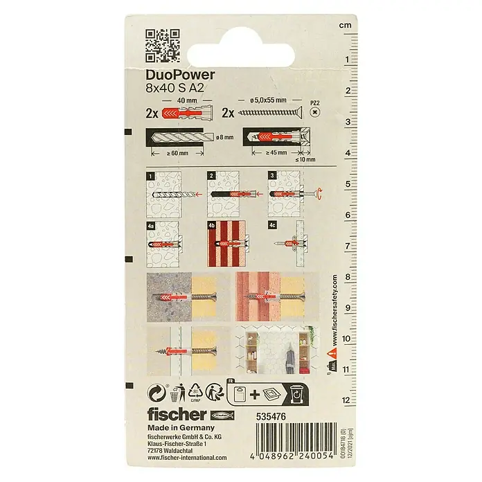 Fischer Duopower Dübel- & Schraubenbox 8 x 40 S - Durchmesser Dübel: 8 mm, Länge Dübel: 40 mm, Senkkopfschraube, Edelstahl, 2 Stk. - Verpackung der Fischer DuoPower 8x40 S A2 Dübel, zeigt Produktinformationen, Abmessungen und Anwendungshinweise.