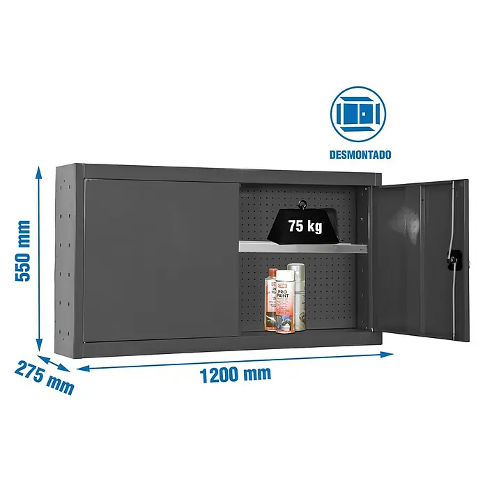 Simonrack Simonwork Armario para herramientas Cabinet Tools Shelf - An x Pr x Al: 120 x 27,5 x 55 cm, Antracita, Desmontado - Imagen de un armario de taller gris con dimensiones, cargado con herramientas y un peso de 75 kg.