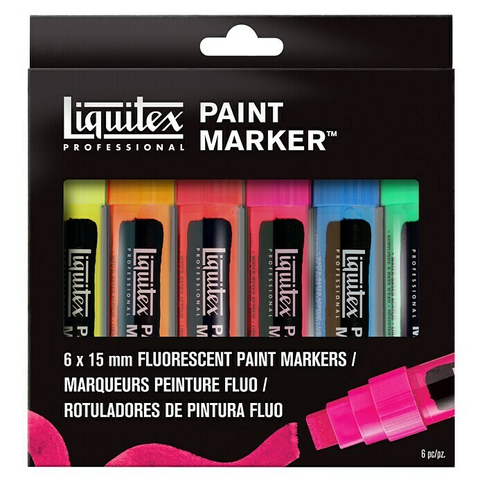 Liquitex Professional Marker-Set Paint Marker Fluo6 Stk., Mehrfarbig Neon, 15 mm, Rechteckige Spitze Front View