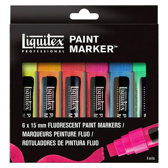 Liquitex Professional Marker-Set Paint Marker Fluo - 6 Stk., Mehrfarbig Neon, 15 mm, Rechteckige Spitze - Liquitex Professional Paint Marker, 6 fluoreszierende Marker mit 15 mm Spitze, ideal für Kunstprojekte und Markierungen.