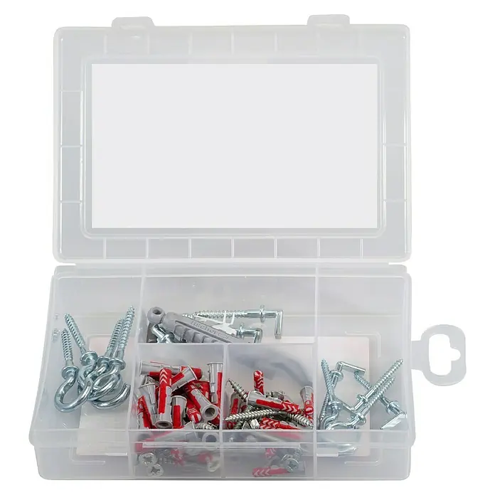 Fischer Schrauben- & Dübel-Set Praktische Helfer Umziehen & Einziehen - 76 -tlg. - Transparente Sortimentsbox mit Haken, Schrauben und Dübeln für Montagearbeiten. Vielseitiges Set für Heimwerker und Handwerker.