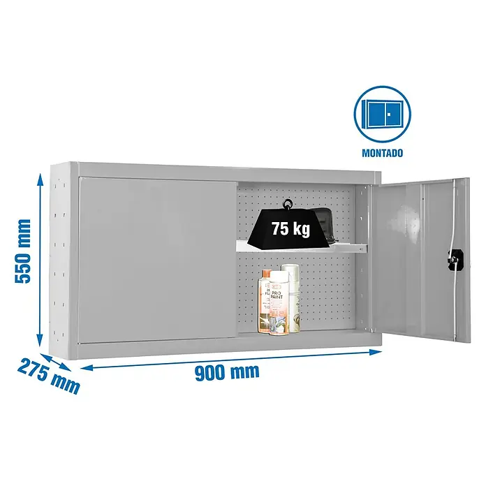 Simonrack Simonwork Armario para herramientas Cabinet Tools Shelf - Al x An x Pr: 55 x 90 x 27,5 cm, Gris, Completamente montado - Imagen de un armario gris de pared con dimensiones de 900 x 550 x 275 mm, diseñado como una solución de almacenamiento versátil.