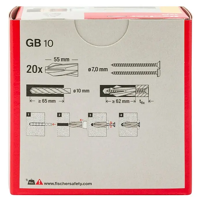 Fischer Gasbetondübel GB 10 - Durchmesser Dübel: 10 mm, Länge Dübel: 55 mm, 20 Stk. - Die Verpackung von Fischer GB 10 Dübeln, die Informationen zu Größe, Menge (20 Stück) und Installationsanweisungen enthält.