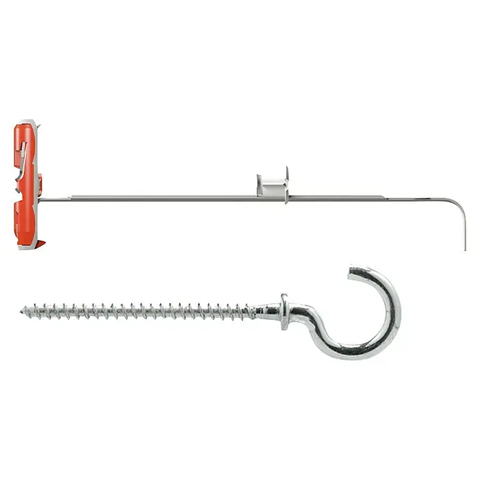 Fischer Kippdübel-Set Duotec - Durchmesser Dübel: 10 mm, Länge Dübel: 47 mm, 2 Stk., Geeignet für: Gipskartonplatten, Mit Haken - Bild eines Gardinenstangensets mit einer Schraube, die separat darunter liegt, was seine Installationsbereitschaft hervorhebt.