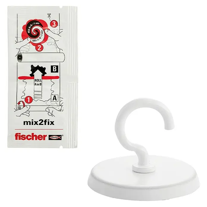 Fischer Wand- & Deckenhaken GOW - Traglast: 10 kg - Fischer Mix2Fix Kleber mit Anleitung und einem weißen Haken zur Befestigung, ideal für schnelle Reparaturen und Befestigungen im Haushalt.