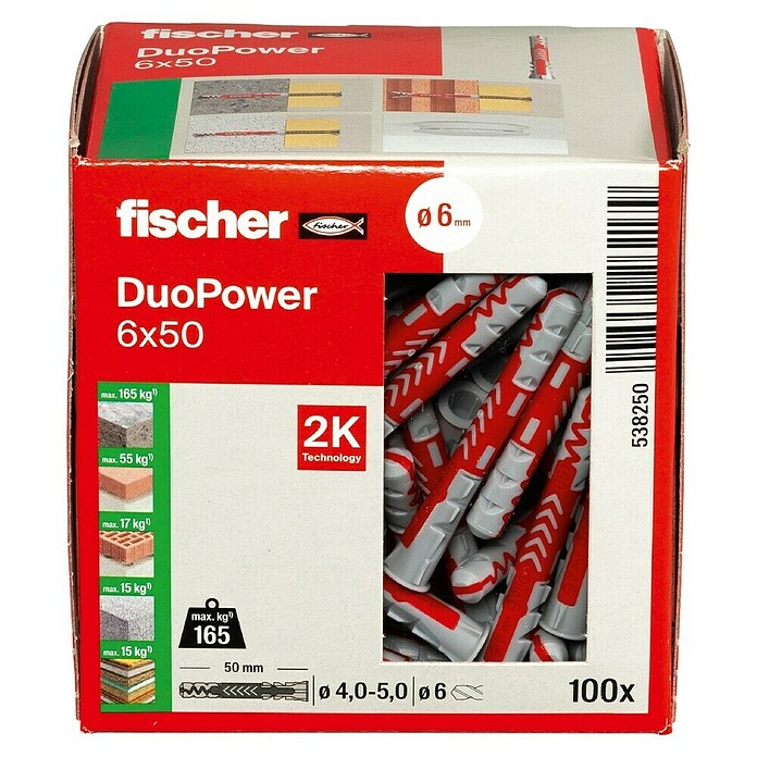 Fischer Duopower Dübelsortiment (Durchmesser Dübel: 6 mm, Länge Dübel: 50 mm, Mit Rand, Alle Baustoffe, 100 Stk.) | BAUHAUS