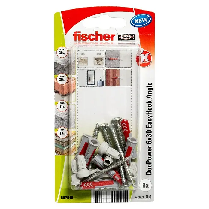 Fischer Duopower Schlitzhaken EasyHook Angle - Durchmesser Dübel: 6 mm, Länge Dübel: 30 mm - Bild einer Verpackung von Fischer Dübeln DuoPower 6x30 EasyHook Angle, ideal zum Befestigen von Objekten an Wänden und Decken.