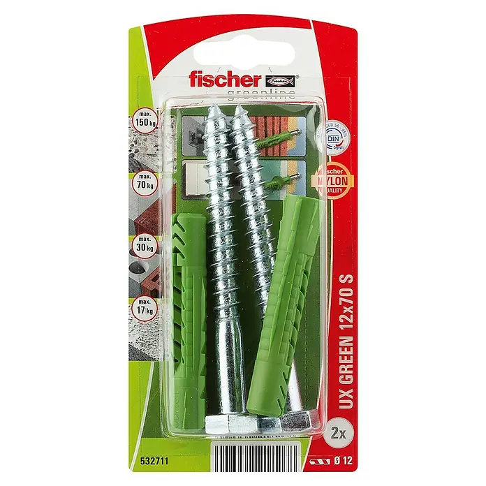 Fischer Greenline Universal-Dübel UX Green R S - Ø x L: 12 x 70 mm, 2 Stk., Nylon - Produktaufnahme von Fischer UX GREEN 12x70 S Dübeln, ideal für sichere Befestigungen in verschiedenen Materialien.