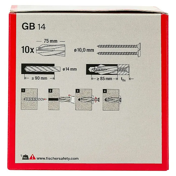 Fischer Gasbetondübel GB 14 - Durchmesser Dübel: 14 mm, Länge Dübel: 75 mm, 10 Stk. - Nahaufnahme der Verpackung von Fischer GB 14 Universaldübeln mit Montageanleitung und Größenangaben.