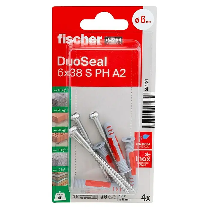 Fischer Schraubensortiment mit Dübeln DuoSeal S PH TX A2 - Ø x L: 6 x 38 mm, 4 Stk. - Ein Paket Fischer DuoSeal Schrauben und Dübel, 6x38 mm, ideal für wasserdichte Befestigungen in verschiedenen Materialien.