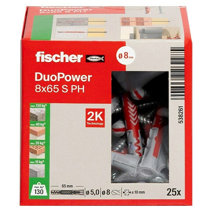 Fischer Duopower Dübel- & Schraubenbox 8 x 65 S PH LD (Durchmesser Dübel: 8 mm, Länge Dübel: 65 mm, Panheadschraube, 25 Stk.) | BAUHAUS