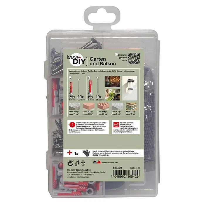 Fischer Schrauben- & Dübel-Set Praktische Helfer Garten & Haus - 71 -tlg. - Produktverpackung mit Dübeln und Schrauben für Garten und Balkon zur sicheren Befestigung im Außenbereich.