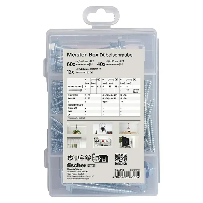Fischer Meister-Box Schrauben-Set Dübelschrauben - Gesamtumfang: 112 -tlg. - Meister-Box Dübelschraube: Eine Sortimentsbox mit verschiedenen Dübeln und Schrauben für vielseitige Befestigungen im Innen- und Außenbereich.