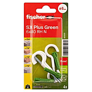 Fischer Spreizdübel-Set SX Green RH K (Durchmesser Dübel: 6 mm, Länge Dübel: 30 mm, Mit Haken, 4 Stk.)