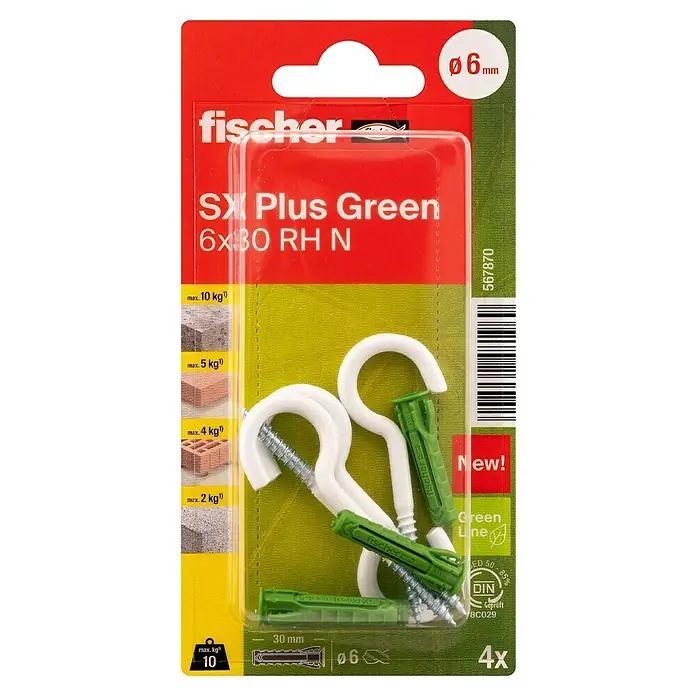Fischer Spreizdübel-Set SX Green RH K - Durchmesser Dübel: 6 mm, Länge Dübel: 30 mm, Mit Haken, 4 Stk. - Eine Packung Fischer SX Plus Green 6x30 RH N Universaldübel mit Haken, ideal für sichere Befestigungen in verschiedenen Materialien.