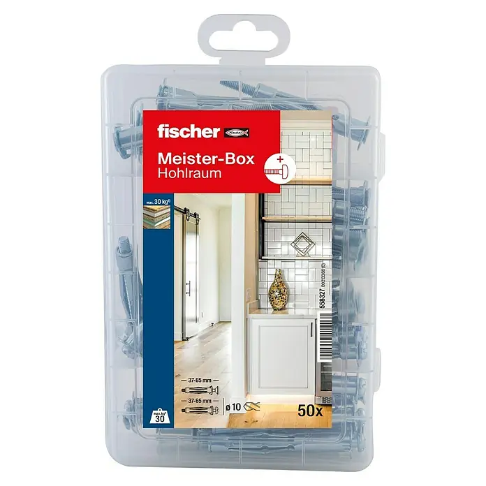 Fischer Meister-Box Schrauben- & Dübel-Set HM+S - 50 -tlg. - Fischer Meister-Box Hohlraum mit Hohlraumdübeln, geeignet für Befestigungen in Hohlräumen mit einer maximalen Last von 30 kg.