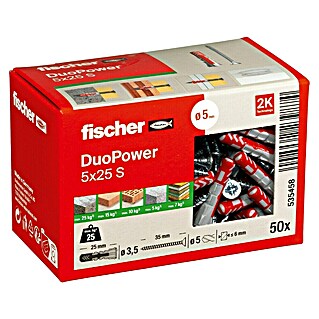 Fischer Duopower Doos pluggen en schroeven Duopower (Diameter plug: 5 mm, Pluglengte: 25 mm, Schroef met verzonken kop, 50 st.)